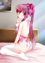 Rule 34 | 1girl, ass, bed, blush, breasts, female focus, goma azarasi, highres, indoors, long hair, looking back, original, panties, pink eyes, pink hair, ponytail, sitting, solo, thighhighs, underwear, white thighhighs, wrist cuffs