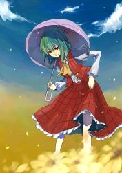 1girl ascot bad_id bad_pixiv_id blue_sky clothes_lift cloud day female_focus flower green_hair highres kazami_yuuka kurasawa_moko leaning_forward light_smile parasol petals plaid_clothes plaid_skirt plaid_vest red_eyes short_hair skirt skirt_hold skirt_lift skirt_set sky smile solo touhou umbrella vest