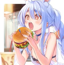 Rule 34 | + +, 1girl, alternate costume, animal ear fluff, animal ears, bikini, bikini under clothes, black bikini, blue choker, blue hair, blurry, blurry background, blurry foreground, blush, braid, breasts, burger, carrot hair ornament, carrot necklace, choker, commentary, covered erect nipples, cup, drinking straw, drooling, eating, food, food-themed hair ornament, hair between eyes, hair ornament, holding, holding food, hololive, hololive fantasy, jewelry, light blue hair, long hair, mouth drool, multicolored hair, necklace, open mouth, rabbit ears, rabbit girl, red eyes, revealing clothes, shuri (84k), sleeveless, small breasts, solo, sparkle, sparkling eyes, strap slip, swimsuit, symbol-only commentary, tank top, teeth, thick eyebrows, twin braids, twintails, two-tone hair, upper body, upper teeth only, usada pekora, virtual youtuber, white hair, white tank top