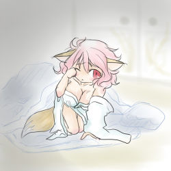 Rule 34 | 1girl, animal ears, artist request, bad id, bad pixiv id, bare shoulders, bed sheet, blanket, blush, breasts, cleavage, closed mouth, collarbone, door, floor, fox ears, fox girl, fox tail, futon, if they mated, indoors, japanese clothes, kimono, kneeling, large breasts, looking to the side, messy hair, off shoulder, one eye closed, pillow, pink eyes, pink hair, red eyes, room, rubbing eyes, saigyouji yuyuko, short hair, sitting, sleepy, tail, touhou, waking up, yakumo ran, yukata