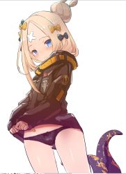 Rule 34 | 1girl, abigail williams (fate), abigail williams (traveling outfit) (fate), black bow, black hair, black jacket, blonde hair, blue eyes, bow, caburi, clothes lift, fate/grand order, fate (series), forehead, hair bun, highres, jacket, jacket lift, official alternate costume, orange bow, parted bangs, single hair bun, sleeves past wrists, tentacles