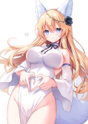 Rule 34 | 1girl, animal ears, bare shoulders, blonde hair, blue eyes, blush, breasts, closed mouth, commission, covered navel, detached sleeves, dress, groin, hair between eyes, heart, heart hands, highres, large breasts, long hair, long sleeves, looking at viewer, no panties, original, pixiv commission, sacraneco, sideboob, simple background, sleeveless, sleeveless dress, smile, solo, tail, very long hair, white background, white dress, white sleeves, wide sleeves