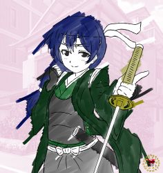 Rule 34 | 1girl, artist name, artist request, black gloves, blue hair, blush, breasts, brown eyes, clenched hand, female focus, fingerless gloves, gloves, green jacket, green kimono, grey skirt, hair between eyes, headband, holding, holding sword, holding weapon, jacket, japanese clothes, katana, kimono, long hair, looking at viewer, love live!, love live! school idol project, miniskirt, parted lips, plaid, plaid skirt, pleated, pleated skirt, psycyclone j, sai (kanzen gokai oh), skirt, small breasts, smile, solo, sonoda umi, sword, weapon, white headband, wide sleeves, yellow eyes