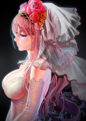 Rule 34 | 1girl, blue eyes, breasts, bridal veil, cleavage, dress, elbow gloves, flower, gloves, hairband, highres, impossible clothes, large breasts, long hair, megurine luka, okingjo, pink hair, profile, simple background, solo, veil, vocaloid, wedding dress, white dress, white gloves