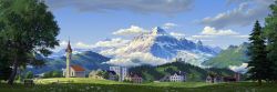 Rule 34 | absurdres, bell tower, building, church, cloud, cloudy sky, commentary, day, english commentary, grass, highres, mountain, mountainous horizon, nature, no humans, original, outdoors, philipp urlich, scenery, sky, tree, village, wide shot
