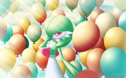 Rule 34 | 1girl, absurdres, artist name, balloon, bob cut, colored skin, creatures (company), day, female focus, flat chest, from side, game freak, gardevoir, gen 3 pokemon, green hair, green skin, hair over one eye, hand up, happy, highres, holding, holding balloon, light rays, looking at viewer, multicolored skin, nintendo, one eye covered, open mouth, outdoors, pokemon, pokemon (creature), red eyes, short hair, smile, solo, standing, sunlight, thekingunder, twitter username, two-tone skin, watermark, white skin