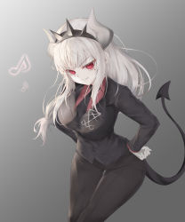 Rule 34 | 1girl, absurdres, black necktie, black pants, blunt bangs, breasts, commentary, dasima, demon girl, demon horns, demon tail, formal, gloves, gradient background, grey background, hands on own hips, helltaker, highres, horns, large breasts, leaning forward, long hair, long sleeves, looking at viewer, lucifer (helltaker), mole, mole under eye, musical note, musical note print, necktie, pale skin, pants, parted lips, red eyes, red shirt, shirt, simple background, smile, solo, suit, tail, teeth, thigh gap, white gloves, white hair, white horns