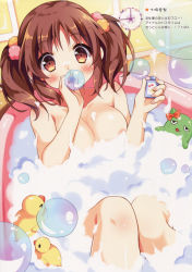 Rule 34 | &gt; &lt;, 10s, 1girl, :3, :d, absurdres, areola slip, artist name, bath, bathing, bathtub, blush, bottle, bow, breasts, brown eyes, brown hair, bubble, bubble bath, blowing bubbles, cat, character name, cleavage, closed eyes, collarbone, eyebrows, foam, from above, hair ornament, half-closed eyes, highres, holding, idolmaster, idolmaster cinderella girls, indoors, knees up, large breasts, legs together, looking at viewer, nude, open mouth, pan (mimi), parted bangs, partially submerged, rubber duck, scan, short twintails, sitting, smile, soap bubbles, solo, star (symbol), tile wall, tiles, totoki airi, toy, transparent, twintails, wet, wet hair