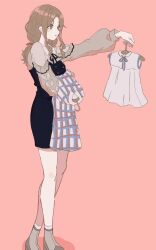 Rule 34 | 1girl, :o, adxrhk, black dress, dress, full body, holding clothes hanger, ichikawa hinana, idolmaster, idolmaster shiny colors, light brown hair, looking at object, parted bangs, pinafore dress, plaid, plaid dress, simple background, sleeveless dress, solo