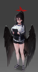 Rule 34 | 1girl, absurdres, black hair, black wings, blue archive, breasts, grey background, gym uniform, halo, hasumi (blue archive), hasumi (track) (blue archive), highres, large breasts, mo ne, ponytail, red eyes, shoes, short shorts, shorts, solo, thighs, twitter, wings