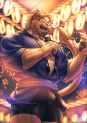 Rule 34 | 1boy, absurdres, animal ears, bara, bare pectorals, black shorts, closed eyes, commentary request, fangs, from below, furry, furry male, glasses, happi, highres, holding, holding microphone, indie virtual youtuber, japanese clothes, kinji ninomiya, lantern, lion boy, lion ears, lion mane, lion tail, male focus, microphone, music, musical note, obi, open mouth, paper lantern, pawpads, pectorals, saro (rotsw 00022), sash, shorts, singing, summer festival, tail, thick eyebrows