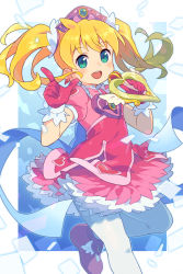 Rule 34 | 1girl, alternate hair color, back bow, blonde hair, blush, bow, dress, earrings, foot out of frame, gloves, green eyes, heart, heart earrings, highres, holding, holding microphone, index finger raised, jewelry, leg up, long hair, looking at viewer, microphone, om (nk2007), open mouth, pantyhose, pink dress, pink gloves, saru getchu, sayaka (saru getchu), short sleeves, smile, solo, tiara, twintails, white pantyhose