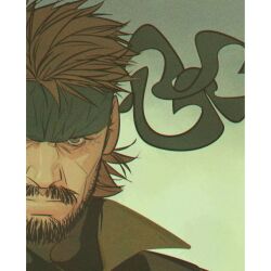 Rule 34 | 1boy, beard, brown hair, facial hair, frown, full beard, headband, high collar, liyamou, looking at viewer, male focus, mature male, metal gear (series), portrait, serious, short hair, solid snake, solo, thick mustache, tsurime, upper body, wrinkled skin