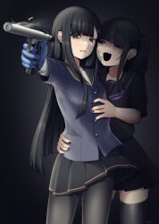 2girls :d absurdres black_eyes black_hair black_nails black_pantyhose black_sailor_collar black_serafuku black_shirt black_skirt black_thighhighs blue_gloves blue_shirt diagonal_bangs fang firing gloves grey_background grey_eyes gun hair_over_one_eye handgun highres holding holding_gun holding_weapon long_hair long_sleeves multiple_girls nail_polish neckerchief one_side_up open_mouth original outstretched_arm pantyhose paravene pleated_skirt purple_neckerchief ruger_mark_ii sailor_collar school_uniform serafuku shell_casing shirt short_sleeves skirt smile smoking_pipe thighhighs very_long_hair weapon