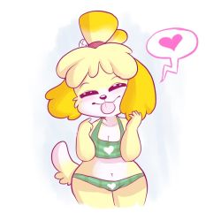 Rule 34 | 1girl, animal crossing, bikini, breasts, cleavage, closed eyes, gradient background, heart, heart print, isabelle (animal crossing), nintendo, solo, spoken heart, swimsuit, tongue, tongue out, wide hips