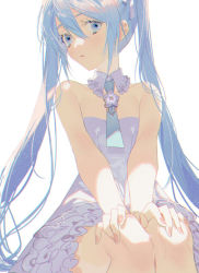 Rule 34 | 1girl, alternate costume, arm support, backlighting, bad id, bad pixiv id, bare arms, bare legs, bare shoulders, blue eyes, blue hair, blue necktie, blush, breasts, collar, collarbone, detached collar, dress, eyelashes, fingernails, flower, frilled collar, frilled dress, frills, hair between eyes, hands on own knees, hatsune miku, head tilt, legs together, light particles, long eyelashes, long hair, looking away, naomasap, necktie, no nose, parted lips, sidelocks, simple background, sitting, small breasts, solo, straight hair, strapless, strapless dress, twintails, upper body, very long hair, vocaloid, white background, white dress, white flower