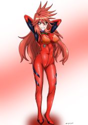 Rule 34 | 1girl, absurdres, amou kanade, arms behind head, blush, breasts, cosplay, covered navel, full body, grin, highres, kyomeihibiki, large breasts, long hair, looking at viewer, plugsuit, red hair, senki zesshou symphogear, smile, solo, souryuu asuka langley (cosplay), standing, yellow eyes