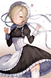 Rule 34 | !, !!, 1girl, :&lt;, aozora nan, apron, azur lane, black dress, blush, braid, breasts, brown eyes, closed mouth, commentary request, dress, frilled apron, frilled dress, frills, garter straps, hair over one eye, hair ribbon, hands up, highres, light brown hair, maid, maid headdress, medium breasts, ribbon, sheffield (azur lane), solo, thighhighs, white apron, white background, white ribbon, white thighhighs