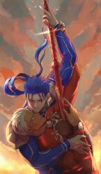 Rule 34 | 2boys, archer (fate), arm up, armor, blue hair, commentary, cu chulainn (fate), earrings, english commentary, fate/stay night, fate (series), gravesecrets, hand on another&#039;s arm, highres, holding another&#039;s wrist, jewelry, leather armor, long hair, long sleeves, looking at another, male focus, multiple boys, muscular, muscular male, parted lips, polearm, ponytail, red eyes, sunset, tan, weapon, white hair, yaoi