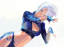 Rule 34 | 1girl, angel (kof), blue eyes, bra, breasts, chaps, cleavage, cofffee, cropped jacket, fingerless gloves, gloves, hair over one eye, jacket, large breasts, leather, leather jacket, snk, solo, strapless, strapless bra, the king of fighters, the king of fighters 2001, the king of fighters xiv, toned, underwear, white background, white hair
