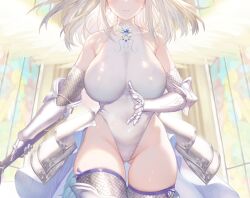 Rule 34 | 1girl, armored legwear, armored skirt, armpit crease, blonde hair, blue brooch, breasts, brown dust 2, church, closed mouth, covered navel, elbow gloves, feet out of frame, gloves, gluteal fold, grey gloves, grey thighhighs, groin, head out of frame, highleg, highleg leotard, highres, holding, holding weapon, justia (brown dust), large breasts, leotard, light blush, lips, medium hair, official art, second-party source, skindentation, solo, stained glass, thighhighs, weapon, white leotard, wings
