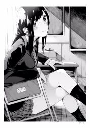 Rule 34 | 1girl, akagi asahito, blazer, blush, chair, chalkboard, classroom, closed mouth, crossed legs, day, desk, greyscale, head tilt, highres, indoors, jacket, kneehighs, long hair, long sleeves, looking at viewer, monochrome, necktie, open clothes, open jacket, original, plaid, plaid skirt, pleated skirt, school, school desk, shade, shirt, sitting, skirt, smile, socks, solo, striped necktie, striped neckwear, swept bangs, thighs