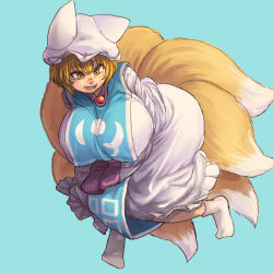 Rule 34 | 1girl, animal hat, blonde hair, blue background, breasts, chanta (ayatakaoisii), covered erect nipples, dress, fox tail, frilled dress, frills, happy, hat, huge breasts, long sleeves, looking at viewer, mob cap, multiple tails, open mouth, own hands together, mob cap, short hair, simple background, smile, socks, solo, tabard, tail, teeth, thighs, tongue, touhou, white dress, white socks, wide sleeves, yakumo ran, yellow eyes