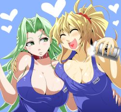 Rule 34 | 2girls, alcohol, bad id, bad pixiv id, banpresto, beer, blonde hair, blush, breast press, breasts, capcom, collar, drunk, excellen browning, closed eyes, final fight, green eyes, green hair, heart, heart in mouth, hug, huge breasts, kara age, lamia loveless, long hair, multiple girls, one-piece swimsuit, open mouth, ponytail, school swimsuit, spill, super robot wars, swimsuit, very long hair