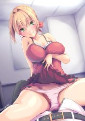 Rule 34 | 1boy, 1girl, arm support, artist name, blonde hair, blush, braid, breasts, clothes lift, commentary, dress, fate/grand order, fate (series), french braid, fujimaru ritsuka (male), green eyes, groin, hair between eyes, hair intakes, highres, kudou maimu, large breasts, lifted by self, my room, nero claudius (fate), nero claudius (fate) (all), nero claudius (fate/extra), official alternate costume, panties, panty pull, pink panties, red dress, self exposure, skirt, skirt lift, smile, straddling, thighs, twitter username, underwear