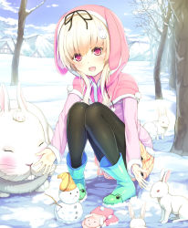 Rule 34 | 1girl, :d, animal hood, black pantyhose, blonde hair, blush, boots, building, cloud, coat, day, hair ornament, hood, knees together feet apart, long hair, long sleeves, mittens, open mouth, original, outdoors, outstretched arms, pantyhose, peragura, pleated skirt, rabbit, rabbit hair ornament, red eyes, rubber boots, sitting, skirt, smile, snow, snowman, striped clothes, striped skirt, tree