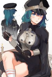 Rule 34 | 1girl, absurdres, blue eyes, blue hair, blush, breasts, byleth (female) (fire emblem), byleth (fire emblem), fire emblem, fire emblem: three houses, garreg mach monastery uniform, hair ornament, hat, highres, large breasts, long hair, looking at viewer, nintendo, official alternate costume, ormille, short hair, simple background, solo, thighhighs, uniform, white background