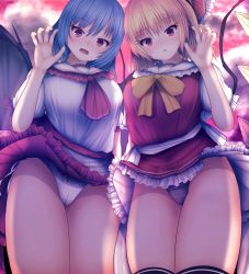 Rule 34 | 2girls, aged up, alternate breast size, bad id, bad pixiv id, bat wings, blonde hair, blush, bow, breasts, cameltoe, clothes lift, collared dress, crystal, darumoon, dress, dress lift, flandre scarlet, frilled dress, frills, hair between eyes, hair bow, highres, looking at viewer, multiple girls, neck ribbon, open mouth, outdoors, panties, purple hair, purple panties, red bow, red dress, red eyes, red frills, red neckwear, red sash, remilia scarlet, ribbon, sash, short hair, short sleeves, thighs, touhou, underwear, white dress, white frills, white panties, white sash, white sleeves, wings, yellow ribbon