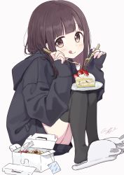 Rule 34 | 1girl, absurdres, black hoodie, black thighhighs, blush, box, brown eyes, brown hair, cake, closed mouth, commentary, food, fork, from side, fruit, full body, highres, holding, hood, hoodie, licking lips, long hair, messy hair, nanase kurumi (menhera-chan), original, plate, pomu (joynet), signature, simple background, sitting, slippers, smile, solo, strawberry, symbol-only commentary, thighhighs, tongue, tongue out, white background