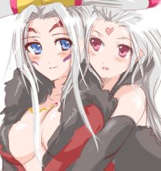 Rule 34 | 1990s (style), 2girls, blue eyes, breasts, cleavage, cloud of darkness, dissidia final fantasy, facepaint, final fantasy, final fantasy iii, final fantasy viii, large breasts, long hair, lowres, minnku, multiple girls, purple eyes, silver hair, ultimecia