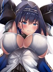 Rule 34 | 1girl, angry, armpits, arms up, blue eyes, blue hair, blush, bow, bow earrings, breasts, cape, chain, clenched teeth, covered erect nipples, detached sleeves, earrings, hair intakes, highres, hololive, hololive english, jewelry, large breasts, ouro kronii, ouro kronii (1st costume), puffy nipples, scowl, shiki (catbox230123), short hair, simple background, sweat, sweatdrop, teeth, underboob, virtual youtuber, white background