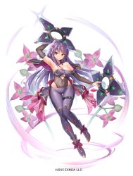 Rule 34 | ajifurai, arm up, armpits, bare shoulders, black gloves, boots, breasts, bridal gauntlets, capelet, character request, cleavage, clothing cutout, covered navel, floral background, flower, flower knight girl, full body, gloves, gluteal fold, hair flower, hair ornament, highleg, highleg leotard, highres, holding, holding weapon, large breasts, leotard, leotard under clothes, long hair, official art, pants, purple hair, purple pants, red eyes, skindentation, standing, strapless, strapless leotard, thigh gap, thigh strap, underboob cutout, weapon