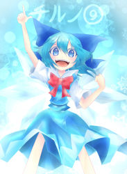 Rule 34 | circled 9, 1girl, blue eyes, blue hair, blush, character name, cirno, dress, fangs, guuchama, hair ribbon, happy, highres, ice, ice wings, image sample, matching hair/eyes, open mouth, ribbon, short hair, short sleeves, smile, solo, text focus, touhou, translated, wings
