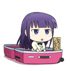 Rule 34 | 1girl, bow, bowtie, chibi, denden, female focus, for adoption, in container, long hair, open mouth, purple eyes, purple hair, school uniform, solo, suitcase, tsurime, white background, working!!, yamada aoi