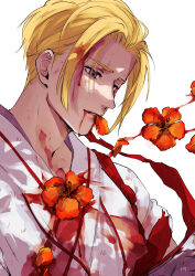 Rule 34 | 1boy, blonde hair, blood, blood from mouth, blood on clothes, blood on face, dying, flower, highres, jigokuraku, looking down, orange flower, robe, shiroabe, short hair, sidelocks, simple background, solo, white background, white robe, yamada asaemon tenza