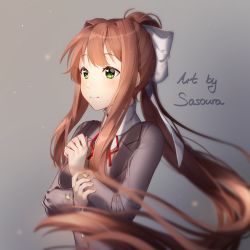 Rule 34 | 1girl, artist name, blurry, blurry foreground, brown hair, commentary, depth of field, doki doki literature club, english commentary, green eyes, grey background, grey jacket, hair ribbon, heart, heart in eye, jacket, long hair, long sleeves, monika (doki doki literature club), ponytail, ribbon, sasoura, school uniform, sidelocks, simple background, smile, solo, symbol in eye, upper body, very long hair, white ribbon