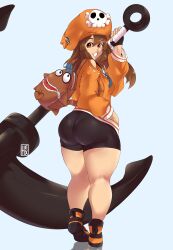 Rule 34 | 1girl, absurdres, anchor, ass, bike shorts, black shorts, blue background, breasts, brown hair, commentary, english commentary, grin, guilty gear, hat, hexprinxess, highres, jacket, long hair, long sleeves, looking at viewer, looking back, may (guilty gear), medium breasts, orange hat, orange jacket, pantylines, plump, red eyes, short shorts, shorts, simple background, skull and crossbones, smile, thick thighs, thighs, twisted torso, wide hips