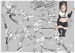Rule 34 | 1girl, absurdres, alternate hairstyle, arm support, bare shoulders, bike shorts, bike shorts under skirt, black hair, black sleeves, black sports bra, black thighhighs, boots, border, breasts, character sheet, closed mouth, crop top, detached sleeves, dynamic pose, earrings, fighting stance, final fantasy, final fantasy vii, final fantasy vii remake, flying kick, full body, grey background, hand up, high kick, highres, jewelry, jumping, kicking, large breasts, light blush, long hair, low-tied long hair, midriff, multiple views, mypallet, navel, outside border, red eyes, single earring, skirt, sports bra, suspender skirt, suspenders, swept bangs, tank top, thighhighs, tifa lockhart, translation request, twintails, white border, white tank top