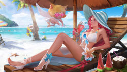 Rule 34 | 1boy, 1girl, angel wings, animal ears, ball, beach, beach umbrella, beachball, beads, bikini, boots, bra, breasts, brown eyes, chair, cocktail glass, coconut, cup, day, deck chair, drink, drinking glass, eyewear hang, unworn eyewear, flower, foam, food, fruit, fruit cup, hat, heart, high heel boots, high heels, letter, lily (flower), long hair, looking at another, lounge chair, medium breasts, nail polish, navel, outdoors, reclining, red hair, sand, starfish, sunglasses, swimsuit, tattoo, tree, umbrella, underwear, volleyball, volleyball (object), water, watermelon, white bikini, wings, yue yue