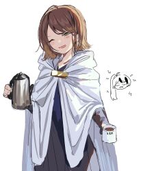 Rule 34 | 1girl, blush, brown hair, cape, closed eyes, coffee, happy, highres, library of ruina, migishita, moirai (project moon), open mouth, project moon, thermos, white cape