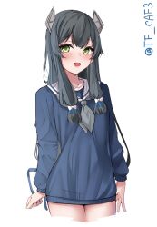 Rule 34 | 1girl, black hair, blue cardigan, blush, cardigan, green eyes, hair between eyes, hair ribbon, headgear, highres, i-47 (kancolle), kantai collection, long hair, low-tied long hair, neckerchief, official alternate costume, open mouth, ribbon, sailor collar, smile, solo, tf cafe, tress ribbon, twitter username, white background, white sailor collar