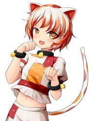 Rule 34 | 1girl, animal ears, bell, calico, cat ears, cat girl, cat tail, crop top, gesture, goutokuji mike, highres, jingle bell, maneki-neko, medium skirt, midriff, multicolored clothes, multicolored hair, multicolored shirt, multicolored skirt, multicolored tail, navel, neck bell, orange eyes, patch, patchwork clothes, paw pose, short hair, simple background, skirt, stomach, streaked hair, tail, touhou, upper body, white background, white hair, yu cha