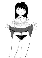 Rule 34 | 1girl, absurdres, bra, breasts, clothes lift, collared shirt, earrings, greyscale, highres, jewelry, lifted by self, long hair, looking at viewer, monochrome, original, panties, see-through, shirt, simple background, skirt, skirt lift, small breasts, smile, solo, suzuki nago, underwear