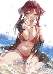 Rule 34 | 1girl, bare legs, beach, bikini, black coat, blush, breasts, cleavage, coat, collarbone, commentary request, earrings, finger gun, full body, glint, grin, hair ribbon, halterneck, heart, heart earrings, highres, hololive, houshou marine, houshou marine (summer), jewelry, large breasts, looking at viewer, medium hair, navel, ocean, off shoulder, official alternate costume, one eye closed, open clothes, open coat, pointing, pointing at viewer, red bikini, red hair, red ribbon, ribbon, shuri (84k), simple background, sitting, skindentation, smile, solo, stomach, swimsuit, twintails, virtual youtuber, wariza, water, water drop, white background, yellow eyes
