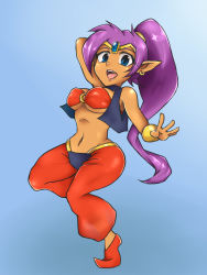 Rule 34 | 1girl, arms behind back, beruzumi-m, blue eyes, blush, breasts, earrings, eyeliner, forehead jewel, jewelry, large breasts, lips, long hair, open clothes, open mouth, open vest, pointy ears, ponytail, purple hair, shantae, shantae (series), shantae and the pirate&#039;s curse, solo focus, spread legs, standing, sweat, tiara, very long hair, vest