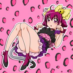 Rule 34 | 10s, 1girl, animal ears, bell, bow, cat ears, cat tail, choker, convenient leg, full body, hair bow, hoshizora miyuki, jingle bell, kemonomimi mode, nita (onakatohoppe), panther pink (precure), paw pose, pink background, pink eyes, pink hair, precure, shoes, short hair, short twintails, skirt, smile precure!, socks, solo, tail, twintails, wrist cuffs